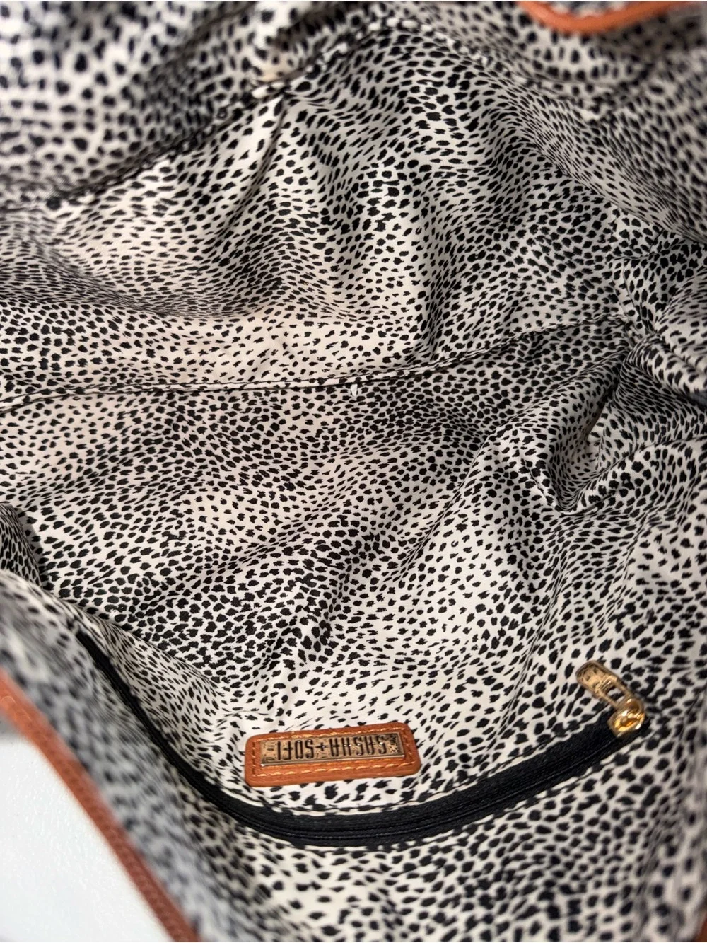 Sasha + Sofi Cognac Brown Faux Leather Pouch Clutch Zip Bag Speckled Lining